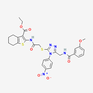 molecular formula C30H30N6O7S2 B2557281 ETHYL 2-{2-[(5-{[(3-METHOXYPHENYL)FORMAMIDO]METHYL}-4-(4-NITROPHENYL)-4H-1,2,4-TRIAZOL-3-YL)SULFANYL]ACETAMIDO}-4,5,6,7-TETRAHYDRO-1-BENZOTHIOPHENE-3-CARBOXYLATE CAS No. 393807-26-6