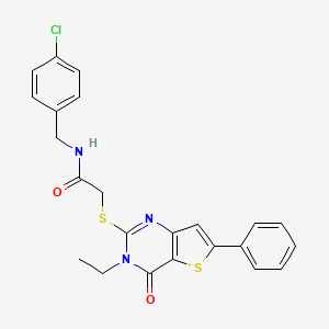 molecular formula C23H20ClN3O2S2 B2557544 N-[(4-chlorophenyl)methyl]-2-({3-ethyl-4-oxo-6-phenyl-3H,4H-thieno[3,2-d]pyrimidin-2-yl}sulfanyl)acetamide CAS No. 1189934-27-7