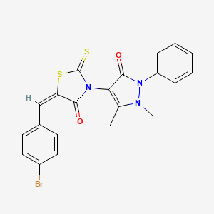 molecular formula C21H16BrN3O2S2 B2557574 (E)-5-(4-bromobenzylidene)-3-(1,5-dimethyl-3-oxo-2-phenyl-2,3-dihydro-1H-pyrazol-4-yl)-2-thioxothiazolidin-4-one CAS No. 190653-59-9