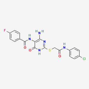 molecular formula C19H15ClFN5O3S B2557609 N-(4-amino-2-((2-((4-chlorophenyl)amino)-2-oxoethyl)thio)-6-oxo-1,6-dihydropyrimidin-5-yl)-4-fluorobenzamide CAS No. 888420-27-7