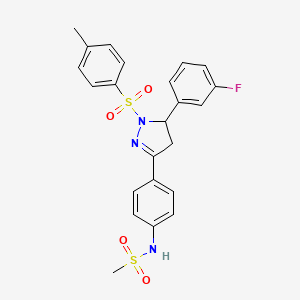 molecular formula C23H22FN3O4S2 B2557995 N-(4-(5-(3-fluorophenyl)-1-tosyl-4,5-dihydro-1H-pyrazol-3-yl)phenyl)methanesulfonamide CAS No. 838849-72-2