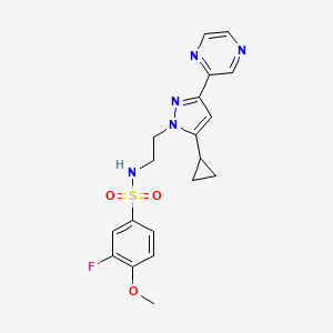 molecular formula C19H20FN5O3S B2558013 N-(2-(5-cyclopropyl-3-(pyrazin-2-yl)-1H-pyrazol-1-yl)ethyl)-3-fluoro-4-methoxybenzenesulfonamide CAS No. 2034288-02-1