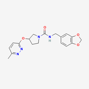 molecular formula C18H20N4O4 B2558340 N-(benzo[d][1,3]dioxol-5-ylmethyl)-3-((6-methylpyridazin-3-yl)oxy)pyrrolidine-1-carboxamide CAS No. 2034482-60-3