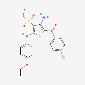 molecular formula C21H21ClN2O4S2 B2558345 (3-Amino-5-((4-ethoxyphenyl)amino)-4-(ethylsulfonyl)thiophen-2-yl)(4-chlorophenyl)methanone CAS No. 890792-56-0