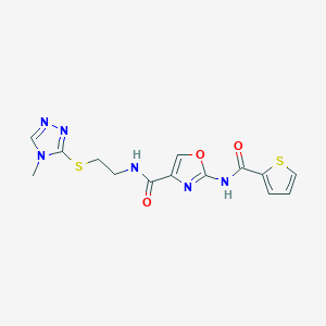 molecular formula C14H14N6O3S2 B2558361 N-(2-((4-methyl-4H-1,2,4-triazol-3-yl)thio)ethyl)-2-(thiophene-2-carboxamido)oxazole-4-carboxamide CAS No. 1286705-68-7
