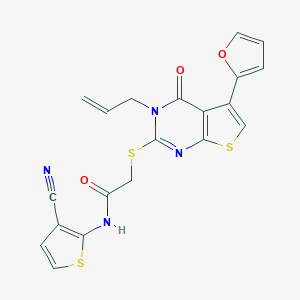 molecular formula C20H14N4O3S3 B255841 2-{[3-allyl-5-(2-furyl)-4-oxo-3,4-dihydrothieno[2,3-d]pyrimidin-2-yl]sulfanyl}-N-(3-cyano-2-thienyl)acetamide 