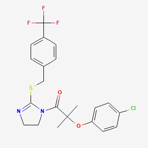 molecular formula C21H20ClF3N2O2S B2558415 2-(4-chlorophenoxy)-2-methyl-1-(2-((4-(trifluoromethyl)benzyl)thio)-4,5-dihydro-1H-imidazol-1-yl)propan-1-one CAS No. 919712-38-2