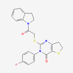 molecular formula C22H18FN3O2S2 B2558488 3-(4-fluorophenyl)-2-((2-(indolin-1-yl)-2-oxoethyl)thio)-6,7-dihydrothieno[3,2-d]pyrimidin-4(3H)-one CAS No. 362501-52-8
