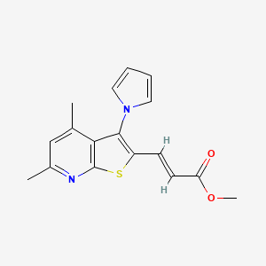 molecular formula C17H16N2O2S B2558491 Methyl 3-(4,6-dimethyl-3-(1H-pyrrol-1-yl)thieno[2,3-b]pyridin-2-yl)acrylate CAS No. 338956-35-7