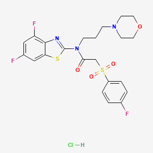 molecular formula C22H23ClF3N3O4S2 B2558575 N-(4,6-DIFLUORO-1,3-BENZOTHIAZOL-2-YL)-2-(4-FLUOROBENZENESULFONYL)-N-[3-(MORPHOLIN-4-YL)PROPYL]ACETAMIDE HYDROCHLORIDE CAS No. 1216829-93-4