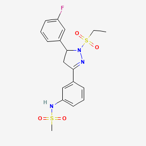 molecular formula C18H20FN3O4S2 B2558653 N-(3-(1-(ethylsulfonyl)-5-(3-fluorophenyl)-4,5-dihydro-1H-pyrazol-3-yl)phenyl)methanesulfonamide CAS No. 851782-43-9
