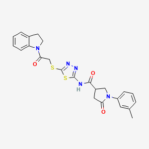 molecular formula C24H23N5O3S2 B2559072 N-(5-((2-(indolin-1-yl)-2-oxoethyl)thio)-1,3,4-thiadiazol-2-yl)-5-oxo-1-(m-tolyl)pyrrolidine-3-carboxamide CAS No. 872594-98-4