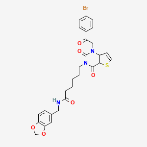 molecular formula C28H26BrN3O6S B2559248 N-[(2H-1,3-benzodioxol-5-yl)methyl]-6-{1-[2-(4-bromophenyl)-2-oxoethyl]-2,4-dioxo-1H,2H,3H,4H-thieno[3,2-d]pyrimidin-3-yl}hexanamide CAS No. 912799-88-3