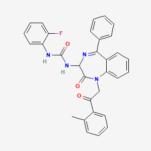 molecular formula C31H25FN4O3 B2559281 N-(2,5-diaza-2-(2-(2-methylphenyl)-2-oxoethyl)-3-oxo-6-phenylbicyclo[5.4.0]undeca-1(7),5,8,10-tetraen-4-yl)((2-fluorophenyl)amino)formamide CAS No. 1796920-76-7