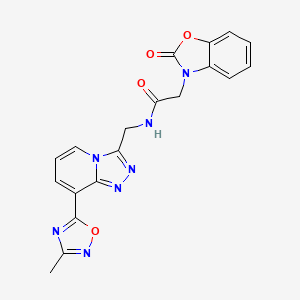 molecular formula C19H15N7O4 B2559302 N-((8-(3-methyl-1,2,4-oxadiazol-5-yl)-[1,2,4]triazolo[4,3-a]pyridin-3-yl)methyl)-2-(2-oxobenzo[d]oxazol-3(2H)-yl)acetamide CAS No. 2034349-45-4