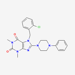 molecular formula C24H25ClN6O2 B2559458 7-[(2-Chlorophenyl)methyl]-1,3-dimethyl-8-(4-phenylpiperazin-1-yl)purine-2,6-dione CAS No. 361174-85-8