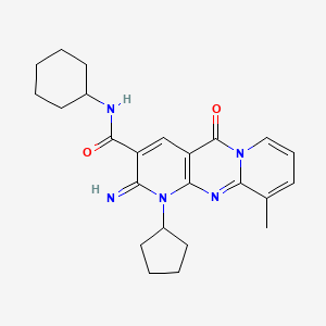 molecular formula C24H29N5O2 B2559467 N-cyclohexyl-7-cyclopentyl-6-imino-11-methyl-2-oxo-1,7,9-triazatricyclo[8.4.0.0^{3,8}]tetradeca-3(8),4,9,11,13-pentaene-5-carboxamide CAS No. 867136-73-0