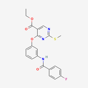 molecular formula C21H18FN3O4S B2559472 4-{3-[(4-氟苯甲酰)氨基]苯氧基}-2-(甲硫基)-5-嘧啶甲酸乙酯 CAS No. 478065-28-0