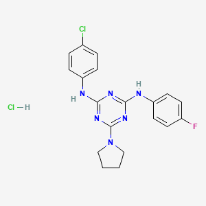 molecular formula C19H19Cl2FN6 B2559473 N2-(4-chlorophenyl)-N4-(4-fluorophenyl)-6-(pyrrolidin-1-yl)-1,3,5-triazine-2,4-diamine hydrochloride CAS No. 1179441-98-5