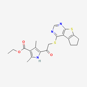 molecular formula C20H21N3O3S2 B2559504 ethyl 5-(2-((6,7-dihydro-5H-cyclopenta[4,5]thieno[2,3-d]pyrimidin-4-yl)thio)acetyl)-2,4-dimethyl-1H-pyrrole-3-carboxylate CAS No. 303787-88-4