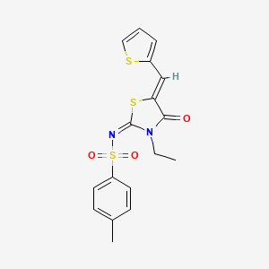 molecular formula C17H16N2O3S3 B2559509 (E)-N-((Z)-3-ethyl-4-oxo-5-(thiophen-2-ylmethylene)thiazolidin-2-ylidene)-4-methylbenzenesulfonamide CAS No. 867041-87-0