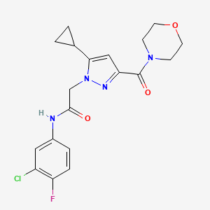 molecular formula C19H20ClFN4O3 B2559555 N-(3-chloro-4-fluorophenyl)-2-(5-cyclopropyl-3-(morpholine-4-carbonyl)-1H-pyrazol-1-yl)acetamide CAS No. 1172474-47-3