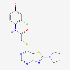 molecular formula C17H15ClFN5OS2 B2559952 N-(2-chloro-4-fluorophenyl)-2-{[2-(pyrrolidin-1-yl)-[1,3]thiazolo[4,5-d]pyrimidin-7-yl]sulfanyl}acetamide CAS No. 1189480-21-4