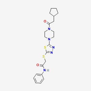 molecular formula C21H27N5O2S2 B2560075 2-((5-(4-(2-cyclopentylacetyl)piperazin-1-yl)-1,3,4-thiadiazol-2-yl)thio)-N-phenylacetamide CAS No. 1105198-69-3
