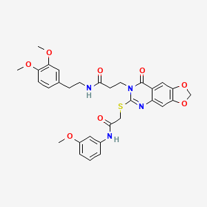 molecular formula C31H32N4O8S B2560194 N-[2-(3,4-dimethoxyphenyl)ethyl]-3-[6-({[(3-methoxyphenyl)carbamoyl]methyl}sulfanyl)-8-oxo-2H,7H,8H-[1,3]dioxolo[4,5-g]quinazolin-7-yl]propanamide CAS No. 688059-72-5