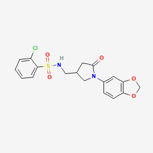molecular formula C18H17ClN2O5S B2560306 N-((1-(benzo[d][1,3]dioxol-5-yl)-5-oxopyrrolidin-3-yl)methyl)-2-chlorobenzenesulfonamide CAS No. 955234-89-6