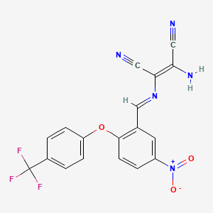 molecular formula C18H10F3N5O3 B2560312 (2Z)-2-amino-3-[(E)-({5-nitro-2-[4-(trifluoromethyl)phenoxy]phenyl}methylidene)amino]but-2-enedinitrile CAS No. 1024672-73-8