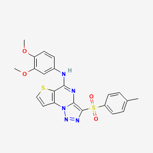 molecular formula C22H19N5O4S2 B2560354 N-(3,4-dimethoxyphenyl)-10-(4-methylbenzenesulfonyl)-5-thia-1,8,11,12-tetraazatricyclo[7.3.0.0^{2,6}]dodeca-2(6),3,7,9,11-pentaen-7-amine CAS No. 892733-61-8