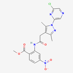 molecular formula C19H17ClN6O5 B2560382 methyl 2-{2-[1-(6-chloropyrazin-2-yl)-3,5-dimethyl-1H-pyrazol-4-yl]acetamido}-4-nitrobenzoate CAS No. 1797363-50-8