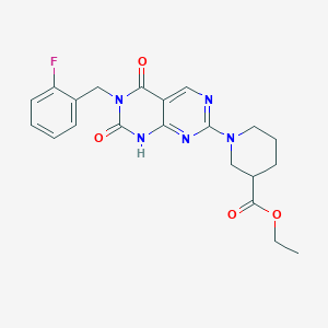 molecular formula C21H22FN5O4 B2560411 Ethyl 1-(6-(2-fluorobenzyl)-5,7-dioxo-5,6,7,8-tetrahydropyrimido[4,5-d]pyrimidin-2-yl)piperidine-3-carboxylate CAS No. 1396847-55-4