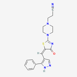 molecular formula C20H20N6OS B2560462 (E)-3-(4-(4-oxo-5-((3-phenyl-1H-pyrazol-4-yl)methylene)-4,5-dihydrothiazol-2-yl)piperazin-1-yl)propanenitrile CAS No. 333741-78-9