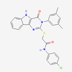 molecular formula C26H21ClN4O2S B2560559 N-(4-chlorophenyl)-2-{[3-(3,5-dimethylphenyl)-4-oxo-3H,4H,5H-pyrimido[5,4-b]indol-2-yl]sulfanyl}acetamide CAS No. 536706-13-5