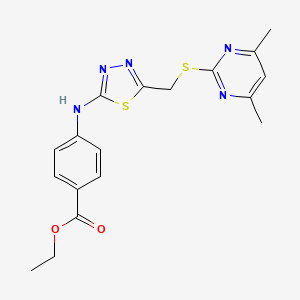 molecular formula C18H19N5O2S2 B2560909 Ethyl 4-[(5-{[(4,6-dimethylpyrimidin-2-yl)sulfanyl]methyl}-1,3,4-thiadiazol-2-yl)amino]benzoate CAS No. 637321-36-9