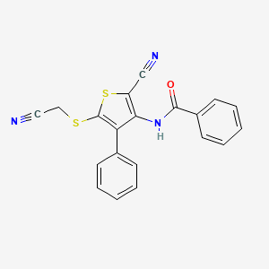 molecular formula C20H13N3OS2 B2561359 N-{2-cyano-5-[(cyanomethyl)sulfanyl]-4-phenylthiophen-3-yl}benzamide CAS No. 860609-92-3