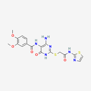 N-(4-amino-6-oxo-2-((2-oxo-2-(thiazol-2-ylamino)ethyl)thio)-1,6-dihydropyrimidin-5-yl)-3,4-dimethoxybenzamide