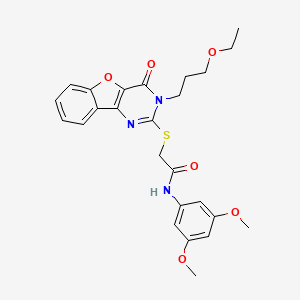 molecular formula C25H27N3O6S B2561456 N-(3,5-dimethoxyphenyl)-2-{[5-(3-ethoxypropyl)-6-oxo-8-oxa-3,5-diazatricyclo[7.4.0.0^{2,7}]trideca-1(13),2(7),3,9,11-pentaen-4-yl]sulfanyl}acetamide CAS No. 872207-50-6