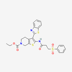 molecular formula C26H25N3O5S3 B2561467 ethyl 2-[3-(benzenesulfonyl)propanamido]-3-(1,3-benzothiazol-2-yl)-4H,5H,6H,7H-thieno[2,3-c]pyridine-6-carboxylate CAS No. 896027-17-1