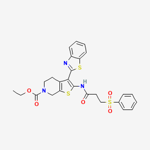 molecular formula C26H25N3O5S3 B2561467 ethyl 3-(benzo[d]thiazol-2-yl)-2-(3-(phenylsulfonyl)propanamido)-4,5-dihydrothieno[2,3-c]pyridine-6(7H)-carboxylate CAS No. 896027-17-1