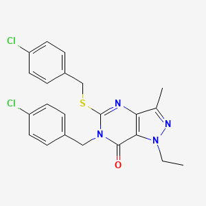 molecular formula C22H20Cl2N4OS B2561530 6-(4-chlorobenzyl)-5-((4-chlorobenzyl)thio)-1-ethyl-3-methyl-1H-pyrazolo[4,3-d]pyrimidin-7(6H)-one CAS No. 1359083-51-4