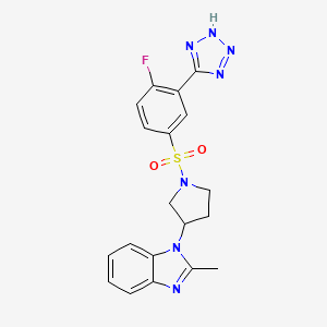 molecular formula C19H18FN7O2S B2561559 1-(1-((4-fluoro-3-(1H-tetrazol-5-yl)phenyl)sulfonyl)pyrrolidin-3-yl)-2-methyl-1H-benzo[d]imidazole CAS No. 2097891-13-7