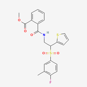 molecular formula C22H20FNO5S2 B2561568 Methyl 2-((2-((4-fluoro-3-methylphenyl)sulfonyl)-2-(thiophen-2-yl)ethyl)carbamoyl)benzoate CAS No. 923195-11-3