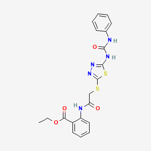 molecular formula C20H19N5O4S2 B2561628 Ethyl 2-(2-((5-(3-phenylureido)-1,3,4-thiadiazol-2-yl)thio)acetamido)benzoate CAS No. 898462-51-6