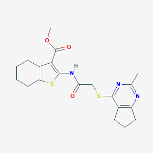 molecular formula C20H23N3O3S2 B256164 METHYL 2-[2-({2-METHYL-5H,6H,7H-CYCLOPENTA[D]PYRIMIDIN-4-YL}SULFANYL)ACETAMIDO]-4,5,6,7-TETRAHYDRO-1-BENZOTHIOPHENE-3-CARBOXYLATE 
