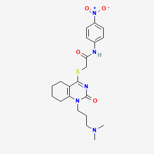 molecular formula C21H27N5O4S B2561649 2-((1-(3-(dimethylamino)propyl)-2-oxo-1,2,5,6,7,8-hexahydroquinazolin-4-yl)thio)-N-(4-nitrophenyl)acetamide CAS No. 941979-78-8