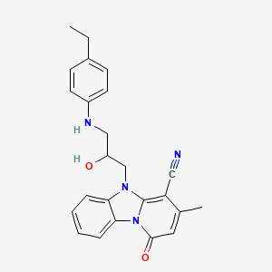 molecular formula C24H24N4O2 B2561674 5-{3-[(4-Ethylphenyl)amino]-2-hydroxypropyl}-3-methyl-1-oxo-1,5-dihydropyrido[1,2-a]benzimidazole-4-carbonitrile CAS No. 862198-96-7