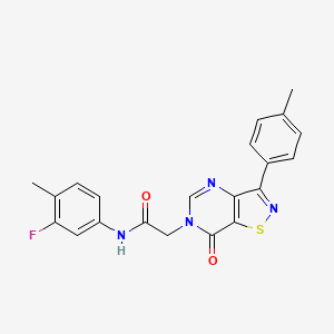 molecular formula C21H17FN4O2S B2561795 N-(3-fluoro-4-methylphenyl)-2-[3-(4-methylphenyl)-7-oxo-6H,7H-[1,2]thiazolo[4,5-d]pyrimidin-6-yl]acetamide CAS No. 1112298-00-6